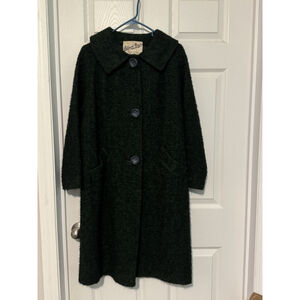 Vintage 60s Alfred Neys of Virginia Green Wool Woolen Coat Button Fine Fabrics M